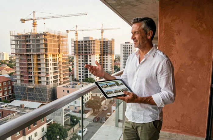 Homme consultant une tablette avec des annonces immobilières sur le balcon d'un immeuble résidentiel neuf en ville