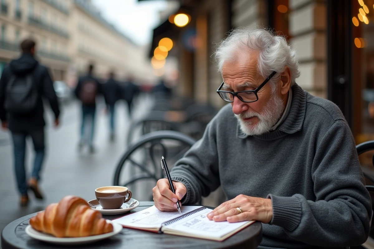 Homme âgé écrivant des mots français au café à Paris