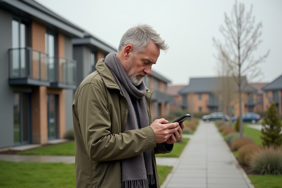 Homme vérifiant son téléphone devant des immeubles sociaux modernes