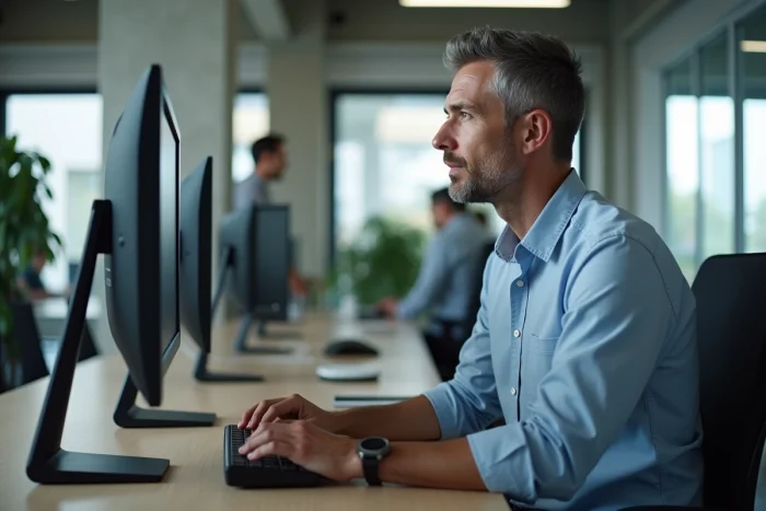 Homme travaillant sur un double écran d'ordinateur dans un bureau moderne en utilisant des raccourcis clavier pour gagner du temps