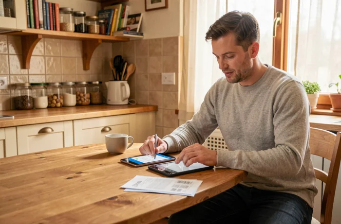Homme gérant ses finances personnelles avec smartphone et tablette depuis sa cuisine, gestion bancaire en ligne