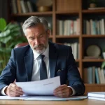 Homme d'âge moyen en costume bleu dans un bureau lumineux