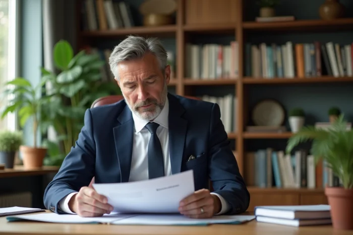 Homme d'âge moyen en costume bleu dans un bureau lumineux