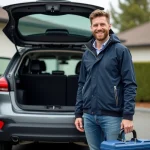 Homme souriant à côté d'un véhicule utilitaire compact