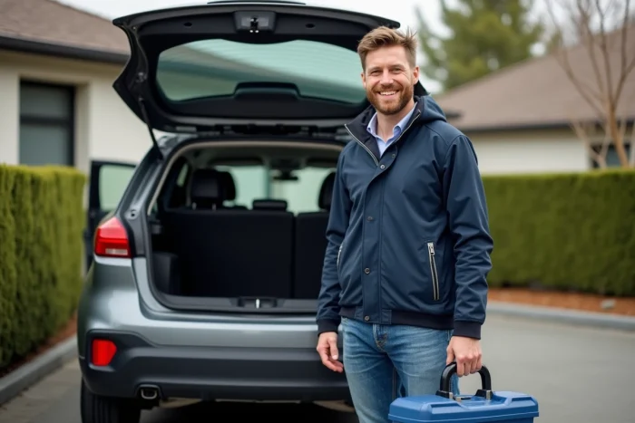 Homme souriant à côté d'un véhicule utilitaire compact