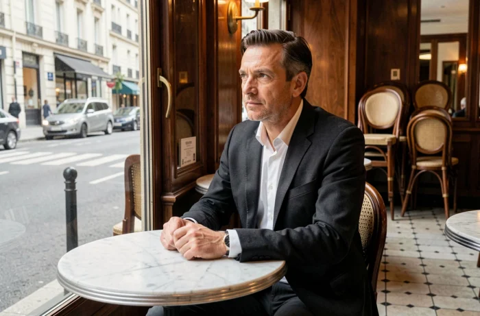 Homme d'âge mûr en veste sombre assis seul dans une brasserie parisienne, regard tourné vers la rue, évoquant la part d'ombre et de discrétion d'une personnalité médiatique