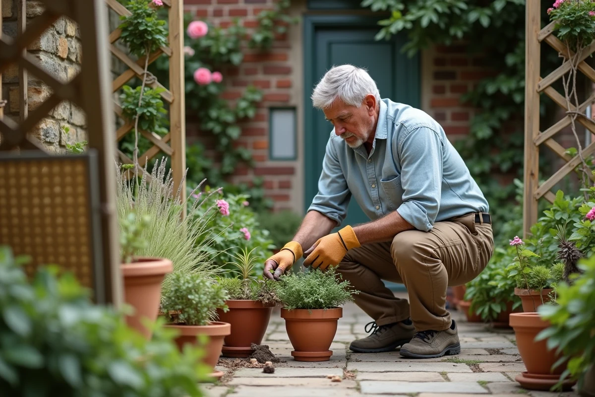 Homme âgé arrangeant des pots en terre cuite dans un jardin urbain