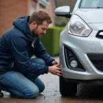 Homme en veste et jeans changeant un feu de voiture