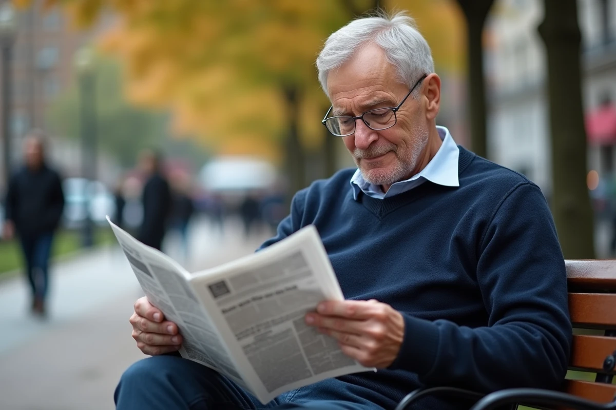 Homme senior lisant un journal dans un parc urbain