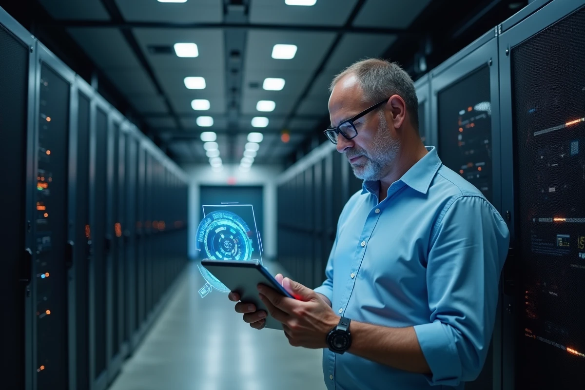 Homme d age moyen dans un centre de données avec tablette