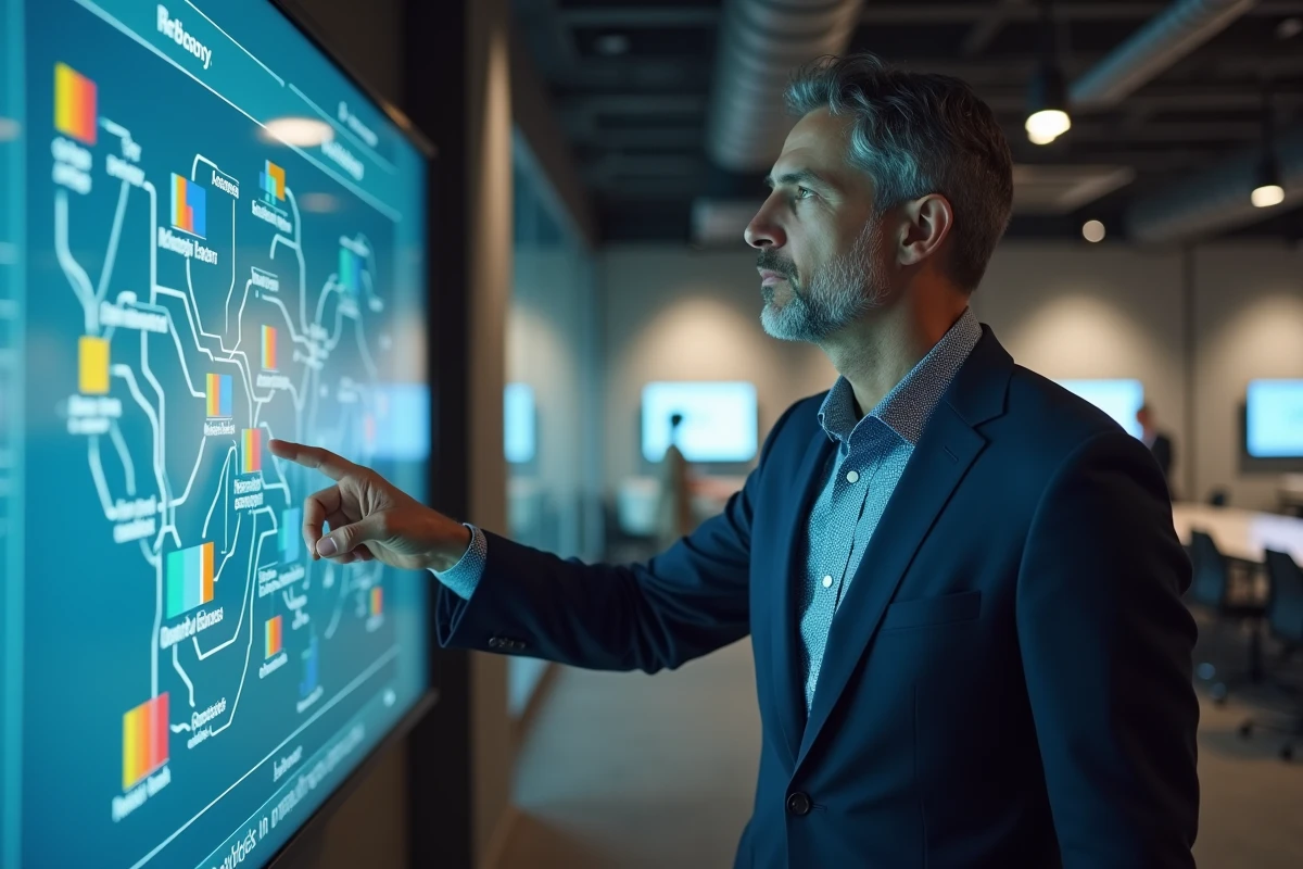 Homme en costume utilisant un écran tactile interactif