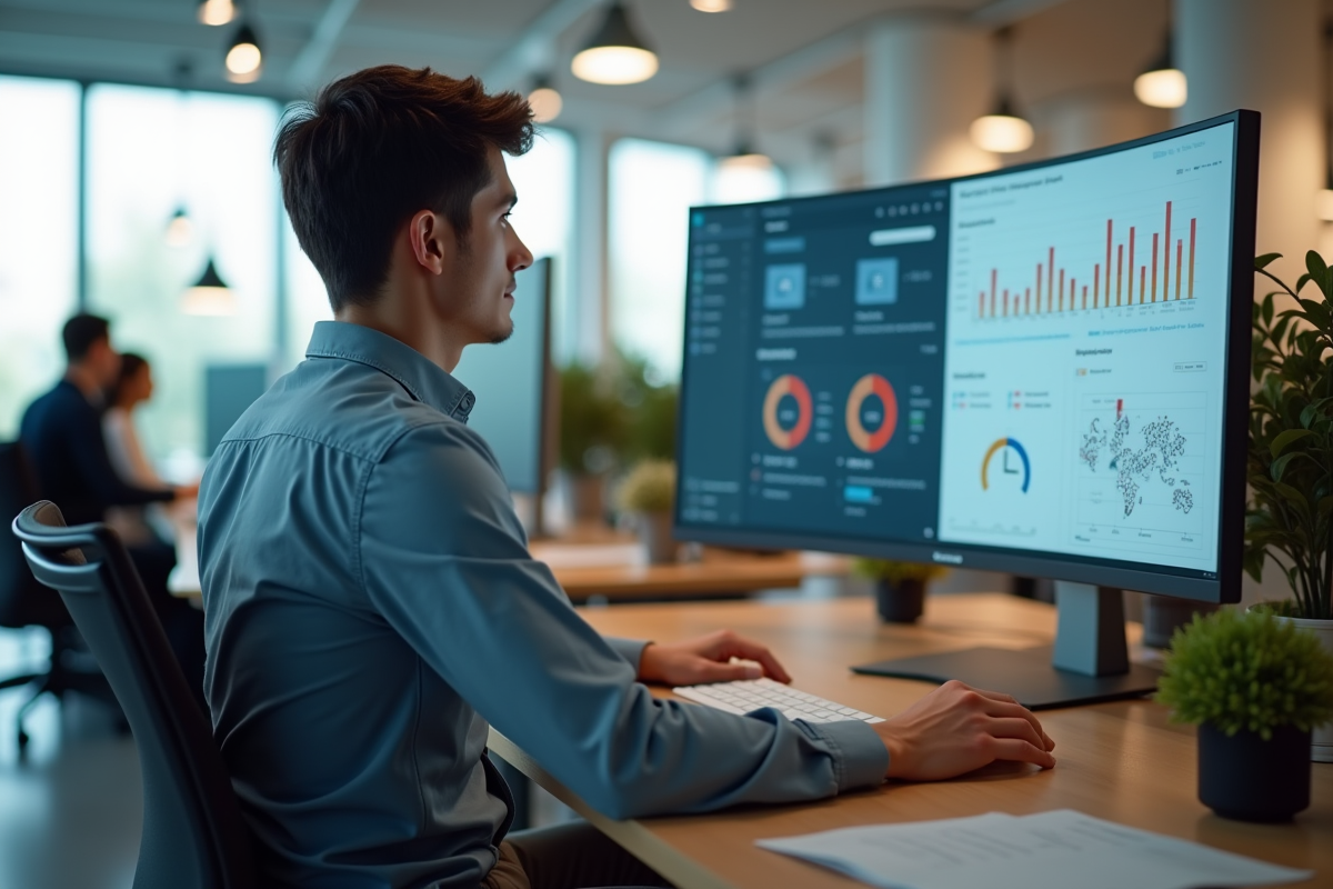 Jeune ingénieur surveillant des tableaux de bord sur un grand écran