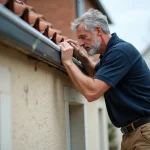 Artisan installant un cache moineau en PVC blanc sous une toiture en tuiles de terre cuite sur maison individuelle