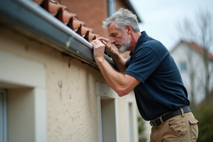 Artisan installant un cache moineau en PVC blanc sous une toiture en tuiles de terre cuite sur maison individuelle
