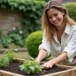 Femme plantant des herbes dans un jardin en plein air