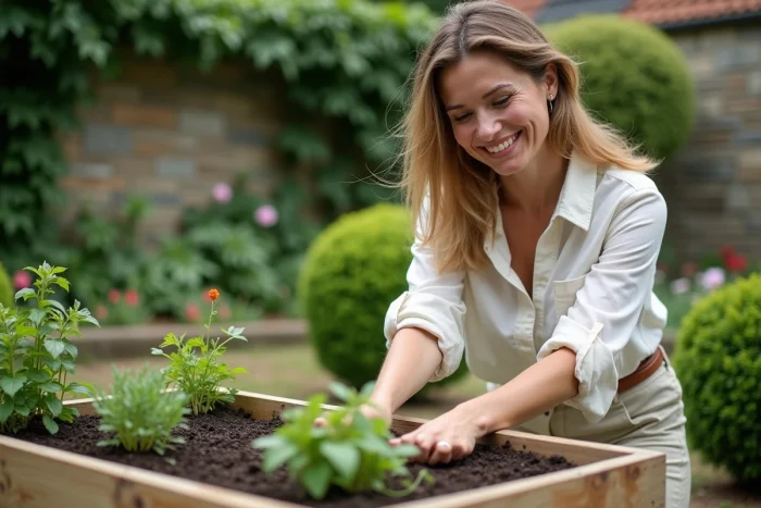 Femme plantant des herbes dans un jardin en plein air