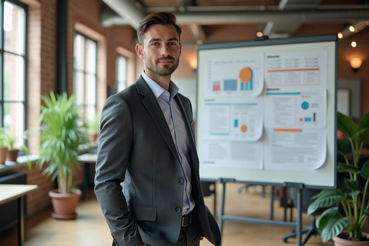 Jeune consultant en réunion avec tableau blanc