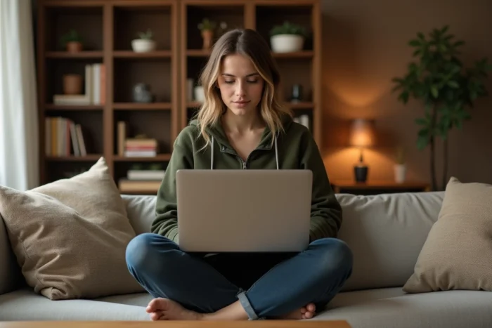 Jeune femme utilisant un ordinateur portable confortablement installée sur un canapé chez elle pour gérer ses tâches numériques quotidiennes