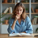 Jeune femme lisant un livre de grammaire française dans un bureau lumineux