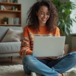 Jeune femme souriante avec ordinateur dans le salon
