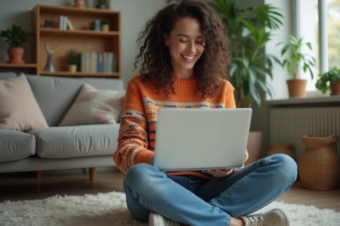 Jeune femme souriante avec ordinateur dans le salon