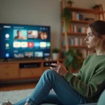 Jeune femme assise regardant la TV dans un salon moderne