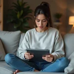 Jeune femme concentrée utilisant une tablette dans un salon moderne