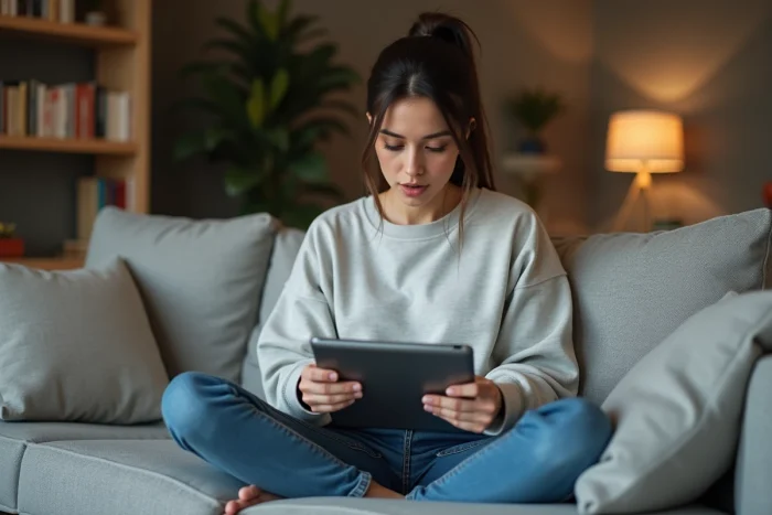 Jeune femme concentrée utilisant une tablette dans un salon moderne