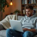 Jeune homme regardant un ordinateur portable dans un salon cosy