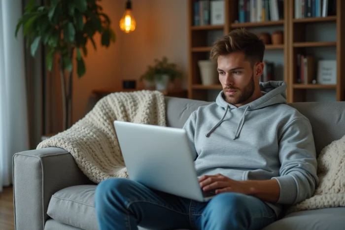 Jeune homme regardant un ordinateur portable dans un salon cosy