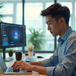 Jeune professionnel concentré travaillant sur son ordinateur dans un bureau lumineux