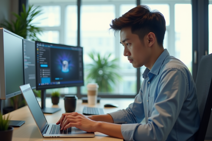 Jeune professionnel concentré travaillant sur son ordinateur dans un bureau lumineux