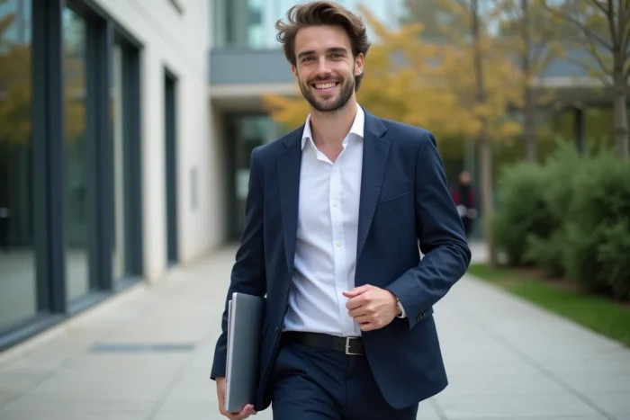 Jeune homme confiant devant l'université Paris Dauphine