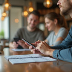 Jeune professionnel utilisant un smartphone pour une transaction bancaire