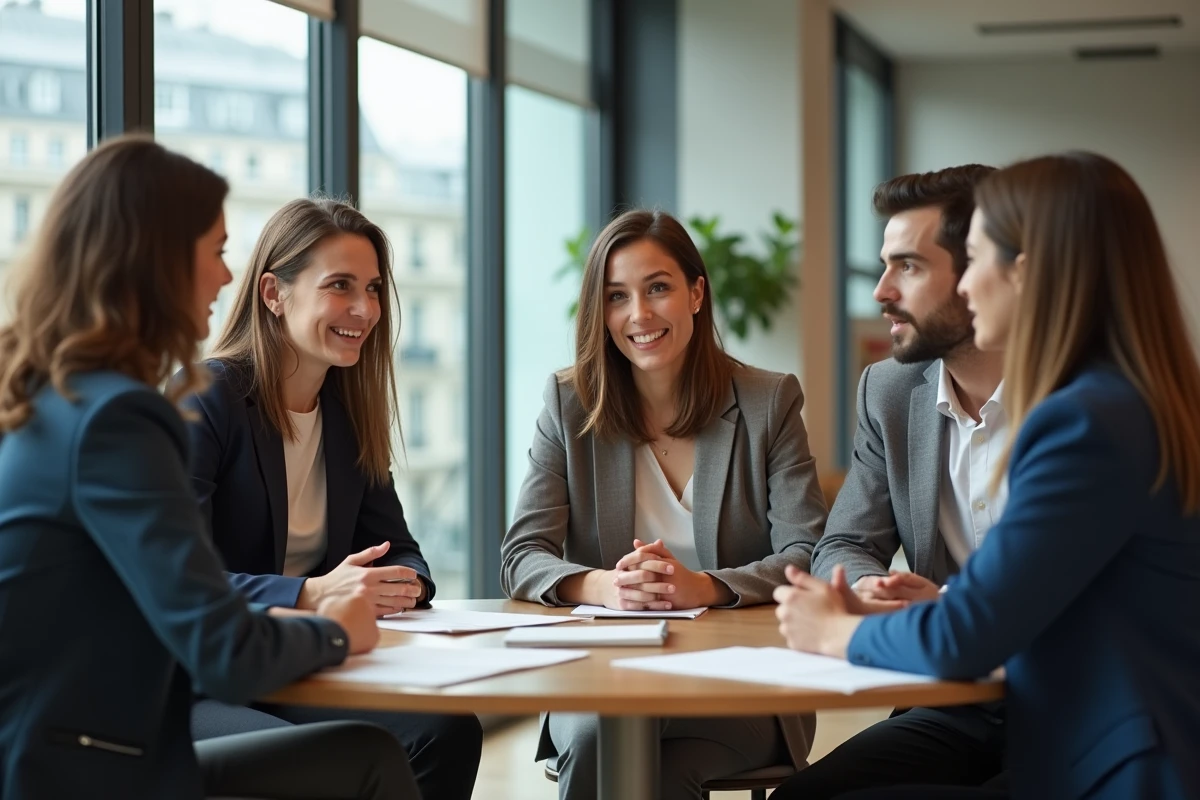 Groupe de jeunes diplômés discutant dans un bureau lumineux
