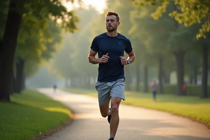 Un homme en tenue de sport faisant du jogging dans un parc urbain, illustrant l'importance de l'activité physique pour la santé