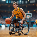 Jeune joueur en fauteuil basket en action dans un gymnase