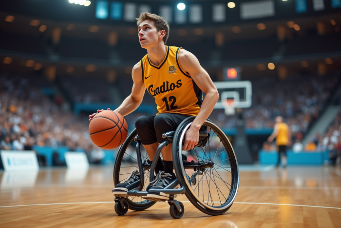 Jeune joueur en fauteuil basket en action dans un gymnase