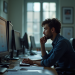 Journaliste contemplatif dans un bureau de presse animé
