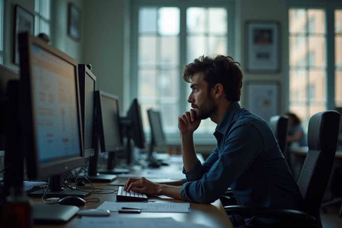 Journaliste contemplatif dans un bureau de presse animé