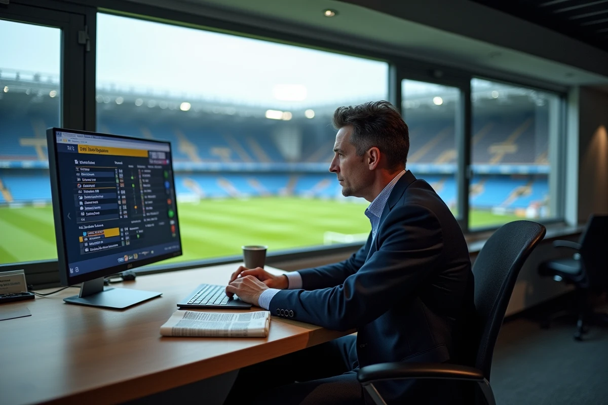 Journaliste sportif travaillant dans la loge avec écran