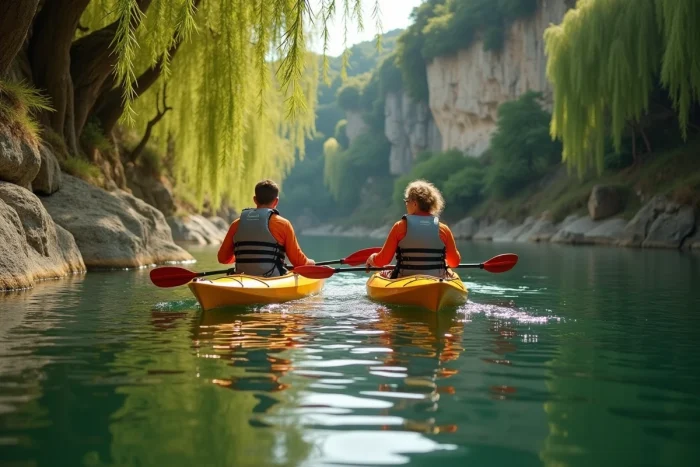 Couple faisant du kayak sur une rivière en Périgord, activité nature en France en alternative à Center Parcs