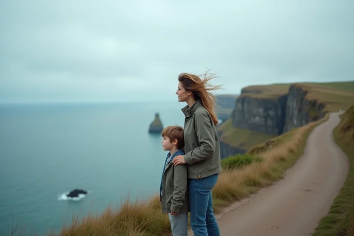 Une femme et un enfant regardant ensemble l'horizon marin depuis un sentier côtier, symbolisant un lien malgré la distance