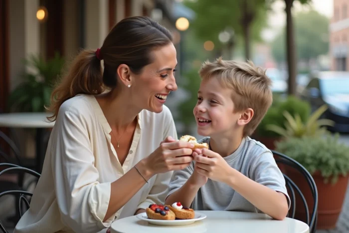Une marraine et son filleul partageant un dessert à la terrasse d'un café, liés par l'affection sans besoin de le prouver