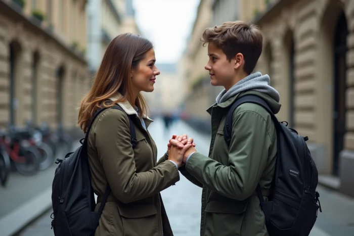 Une marraine tenant les mains de son filleul adolescent dans la rue, incarnant la solidité de leur lien du cœur