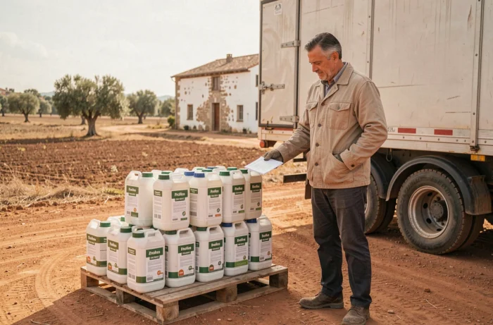 Agriculteur vérifiant une livraison de glyphosate en milieu rural au Portugal avec un bon de commande