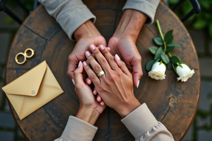 Mains de couple âgé entrelacées sur une table en bois avec des alliances en or et une enveloppe de cadeau pour noces d'or
