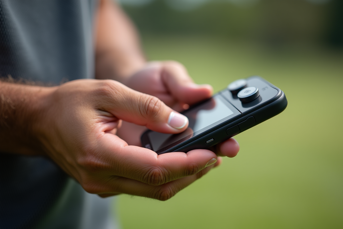 Zoom sur les mains du golfeur avec un GPS de golf hightech en extérieur