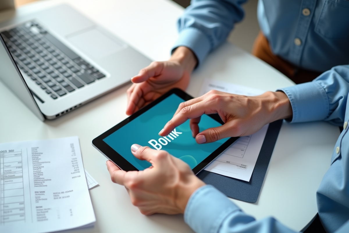 Mains matures manipulant une application bancaire sur une tablette
