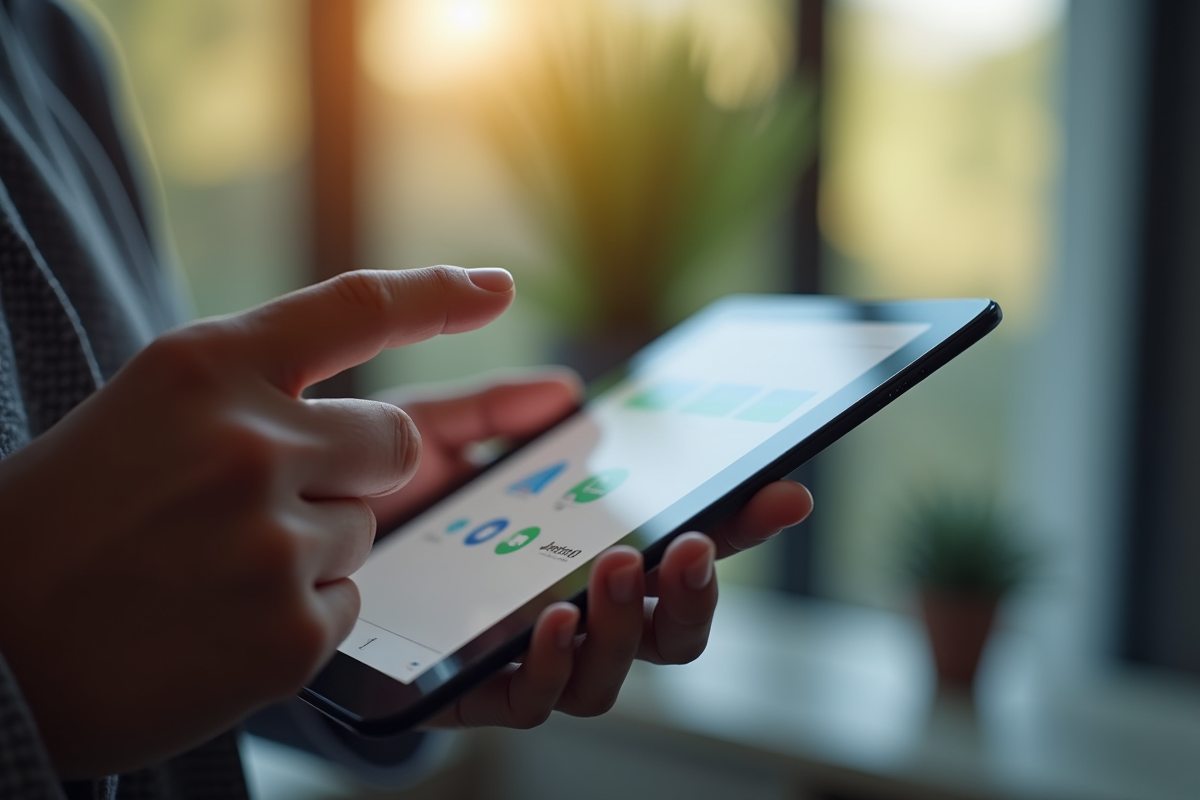 Mains tenant une tablette avec options de téléchargement